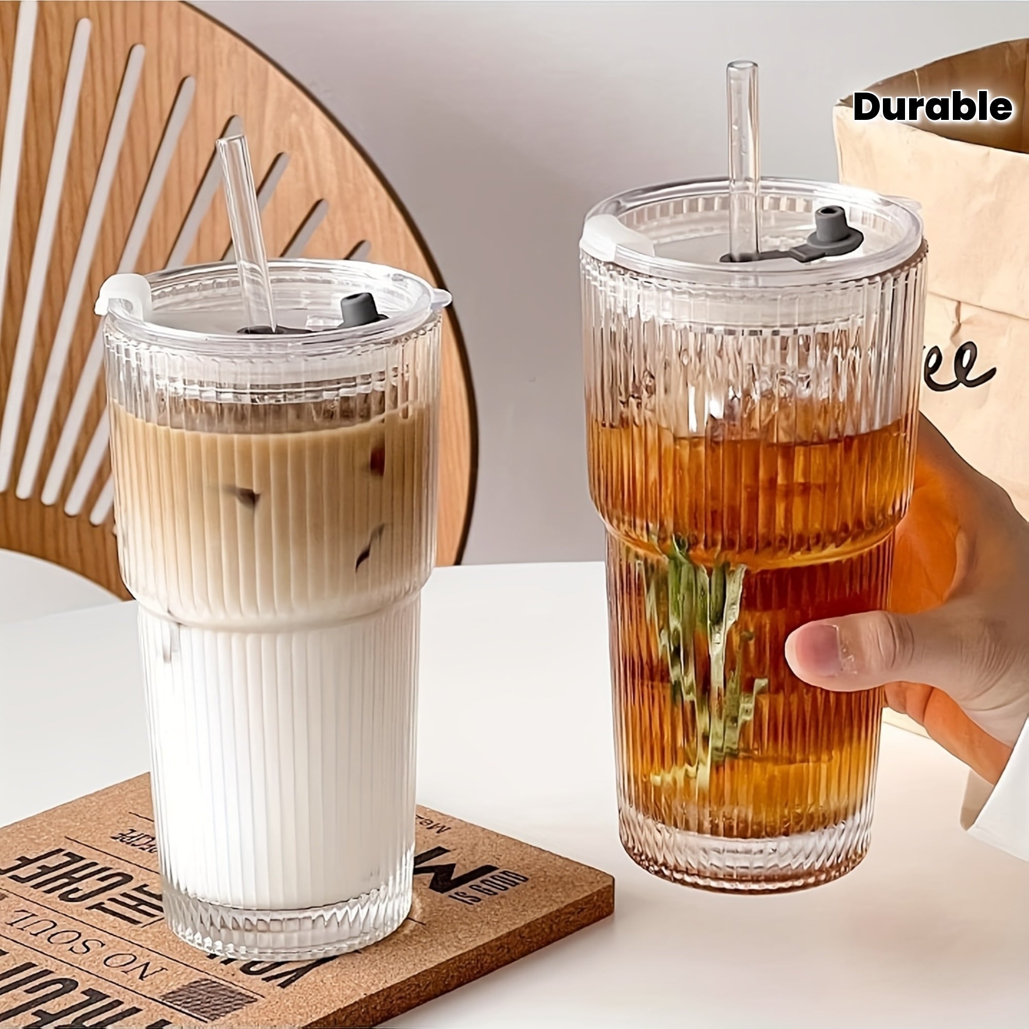 2pcs Glassware Set, 600ml/20oz Ribbed Glass Bucket With Lid And Glass Straw, Thick Glass, Perfect For Iced Coffee, Smoothies, Cocktails, And Juices - Elegant And Durable Beverage Vessel