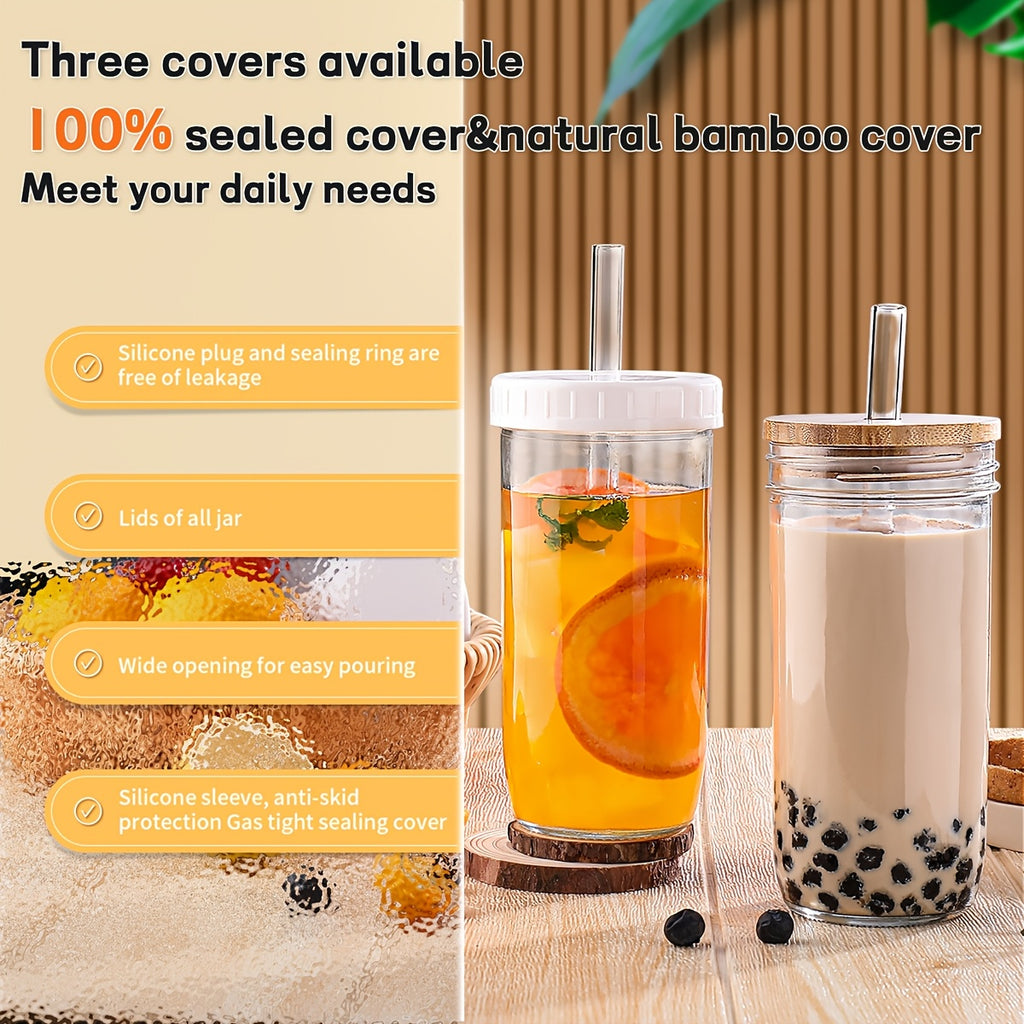 4pcs Glass Cup Set with Wooden Lids & Straws - BPA-Free, Reusable Drinking Jars for Hot & Iced Coffee, Tea, and Beverages - Ideal for Outdoor, Parties & Gifts - Christmas Essential, Cup Accessories