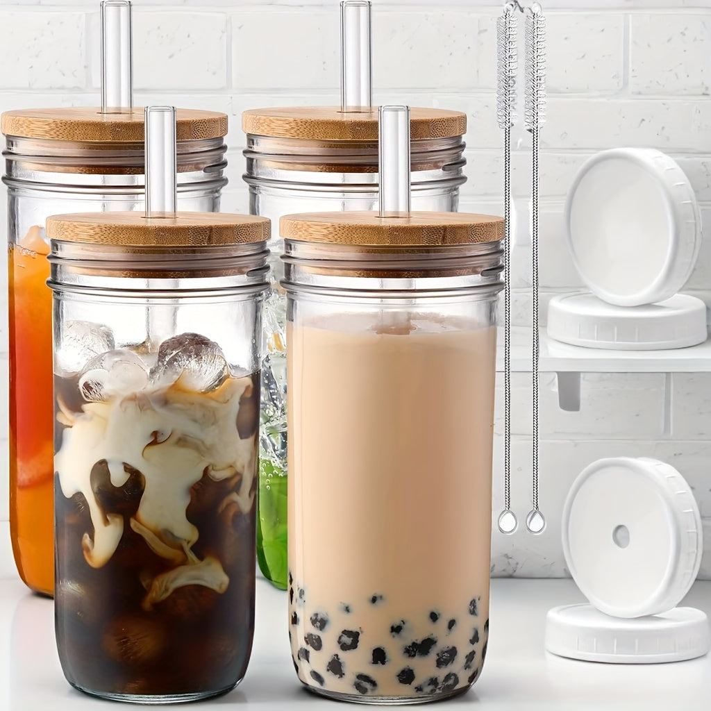 4pcs Glass Cup Set with Wooden Lids & Straws - BPA-Free, Reusable Drinking Jars for Hot & Iced Coffee, Tea, and Beverages - Ideal for Outdoor, Parties & Gifts - Christmas Essential, Cup Accessories