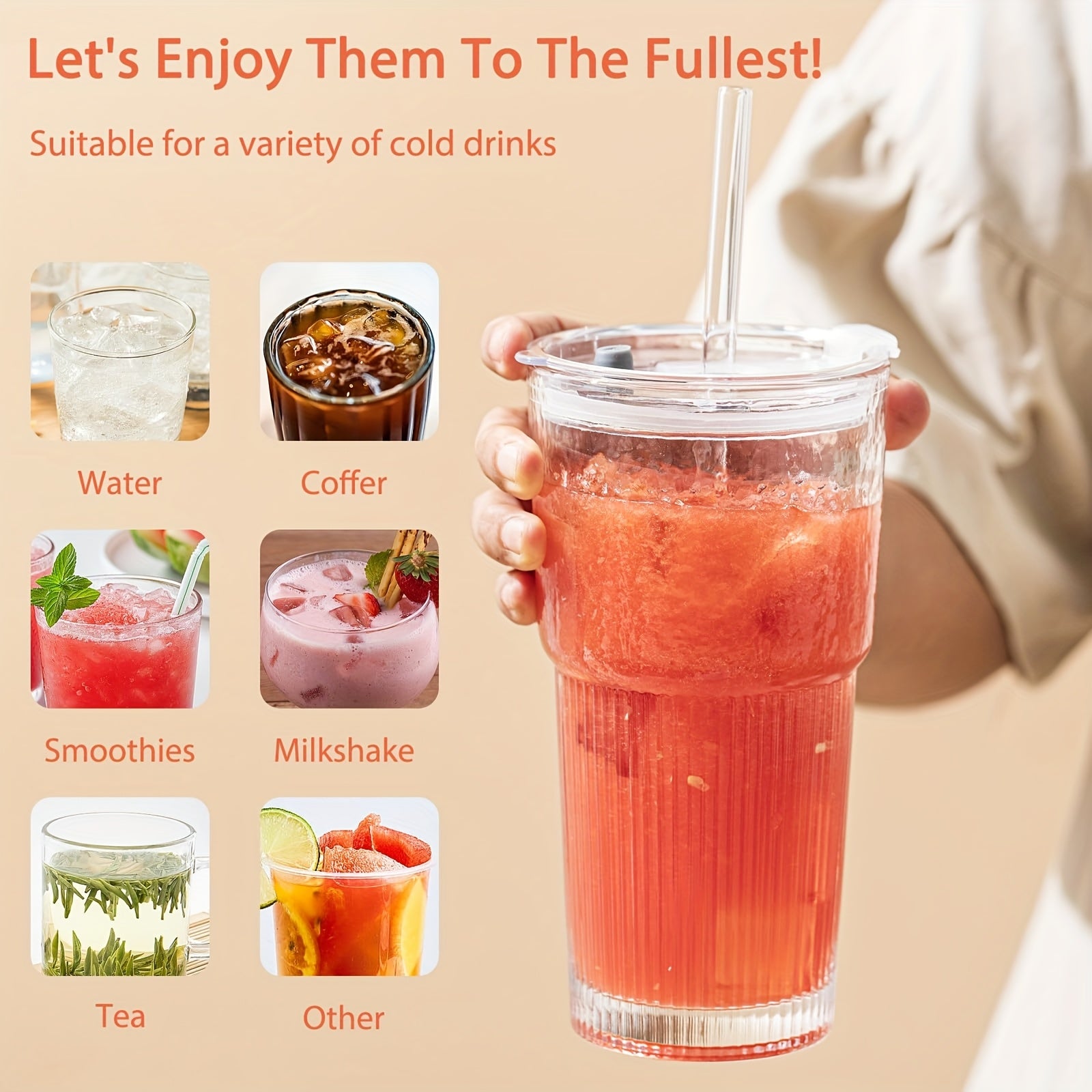 Glasses with Lid And Straw, 4/2pcs - Stylish Ribbed Design Drinking Cups for Iced Coffee Cups, Juices, Smoothies, Cold Drinks, Cleaning Brushes Included, Durable Glassware