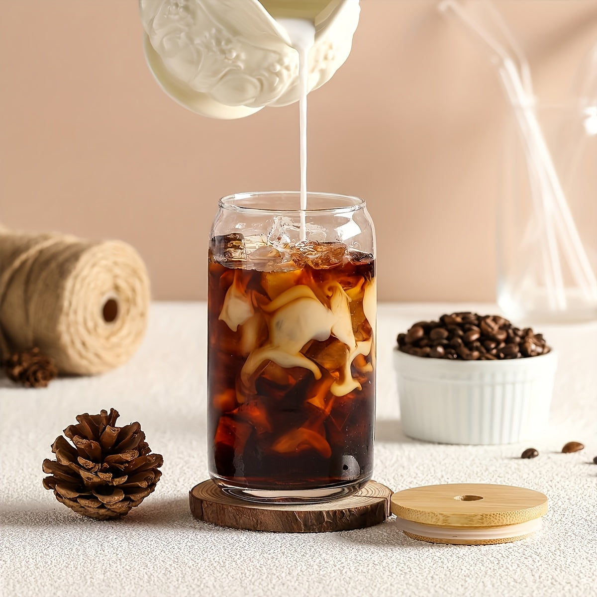 8pcs 16oz Glass Drinking Jars with Wood Lids & Glass Straws, Hand Wash Multipurpose Iced Coffee Cups - BPA-Free, Insulated, Reusable Round Beverages Set for Sodas & Parties