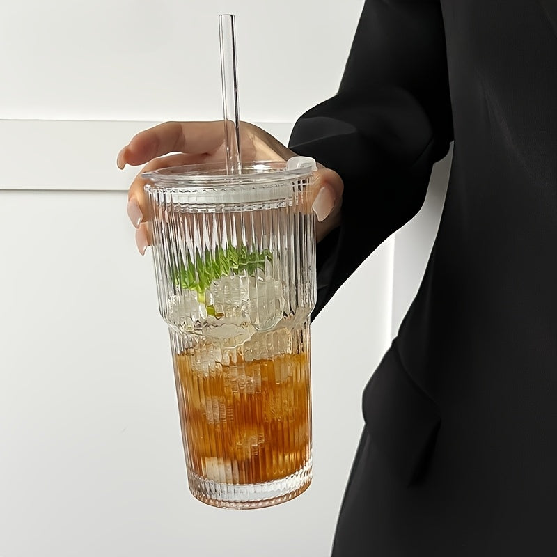 600ml Striped Glass Cup with Lid & Straw - Large Capacity for Coffee, Tea, Iced Milk, Americano, and Latte - Durable & Stylish Beverage Glass, Coffee Cup, Americano Drinkware, Elegant Drinkware, Natural Drinkware