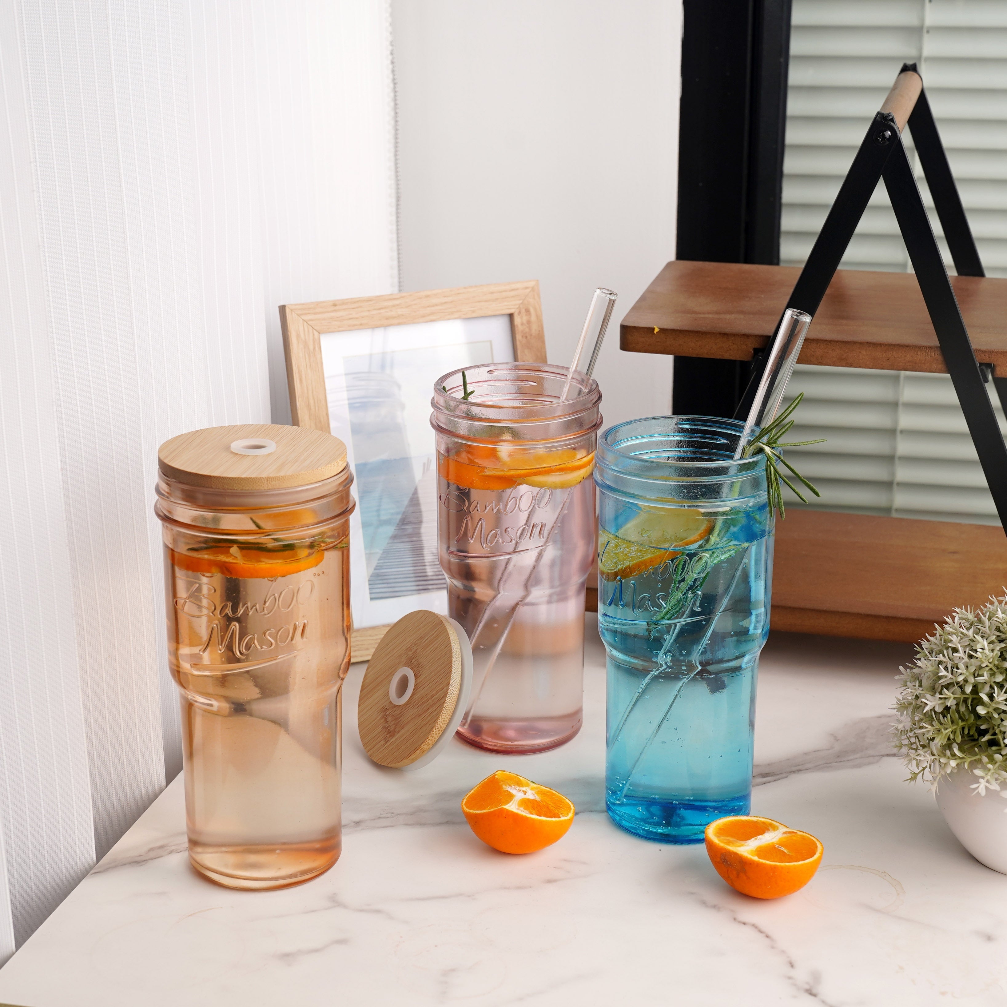 Summer Drinkware - Glass Cups With Lids And Straws 4 Packs, 24 Oz Travel Coffee Mug Wide Mouth Mason Jar Iced Coffee Cup Smoothie Cup Glass Tumbler Tea Cup Clear Water Cups Drinking Jars Glasses BBQ Party Pitcher With Lid