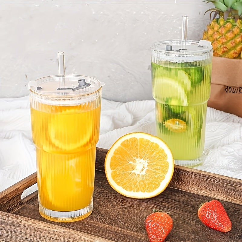 2pcs Glassware Set, 600ml/20oz Ribbed Glass Bucket With Lid And Glass Straw, Thick Glass, Perfect For Iced Coffee, Smoothies, Cocktails, And Juices - Elegant And Durable Beverage Vessel