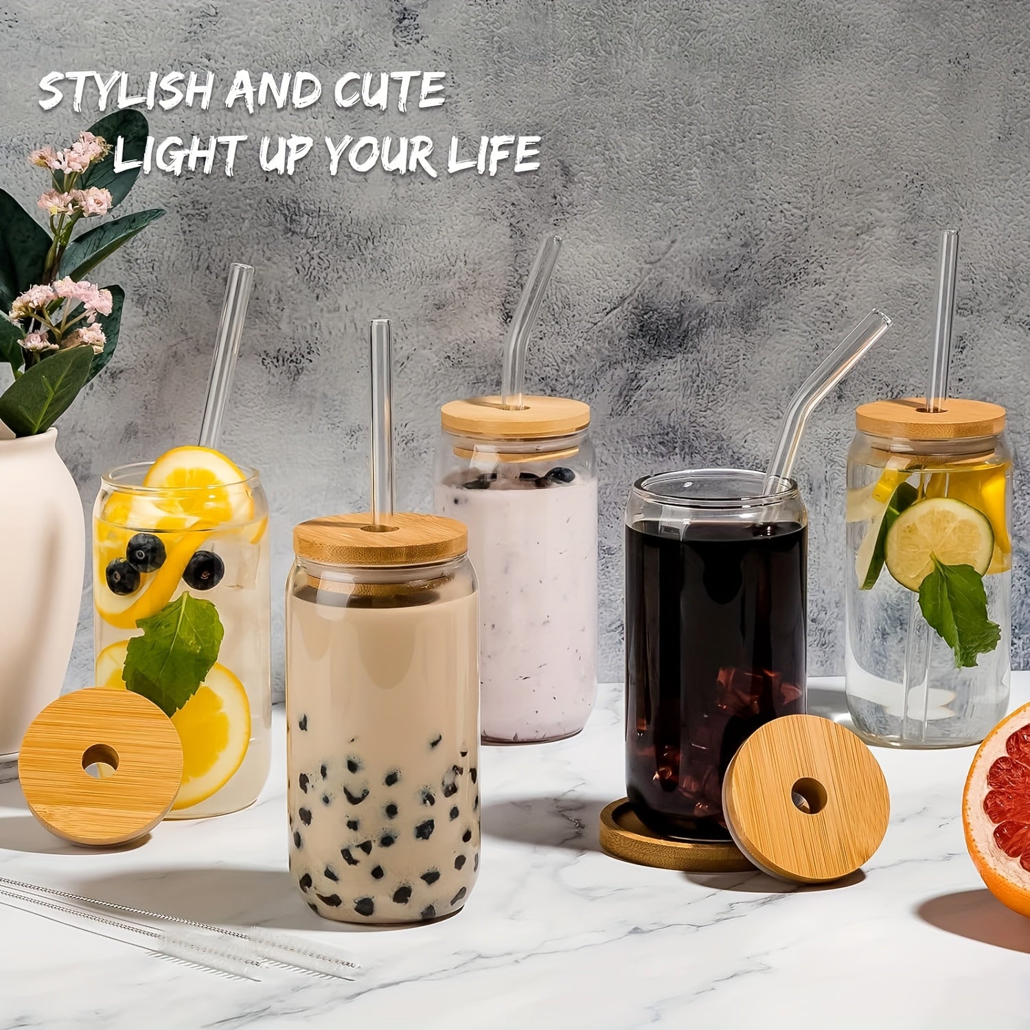 Glass Cups With Bamboo Lids And Straws 8 Set 16 Oz Reusable Iced Coffee Cup Beer Can Drinking Jars For Smoothie Boba Soda Tea, Gift, Glass Coffee Cups, Include Cleaning Brushes