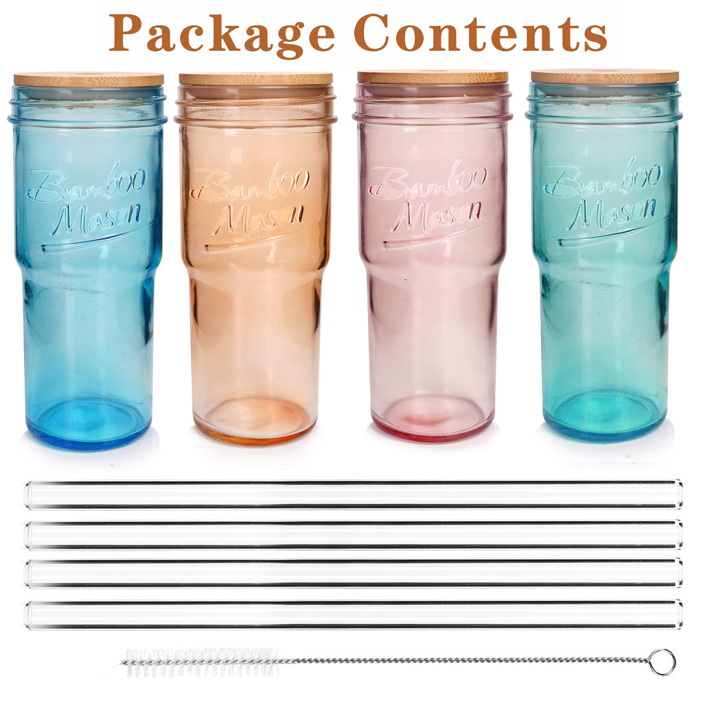 Summer Drinkware - Glass Cups With Lids And Straws 4 Packs, 24 Oz Travel Coffee Mug Wide Mouth Mason Jar Iced Coffee Cup Smoothie Cup Glass Tumbler Tea Cup Clear Water Cups Drinking Jars Glasses BBQ Party Pitcher With Lid