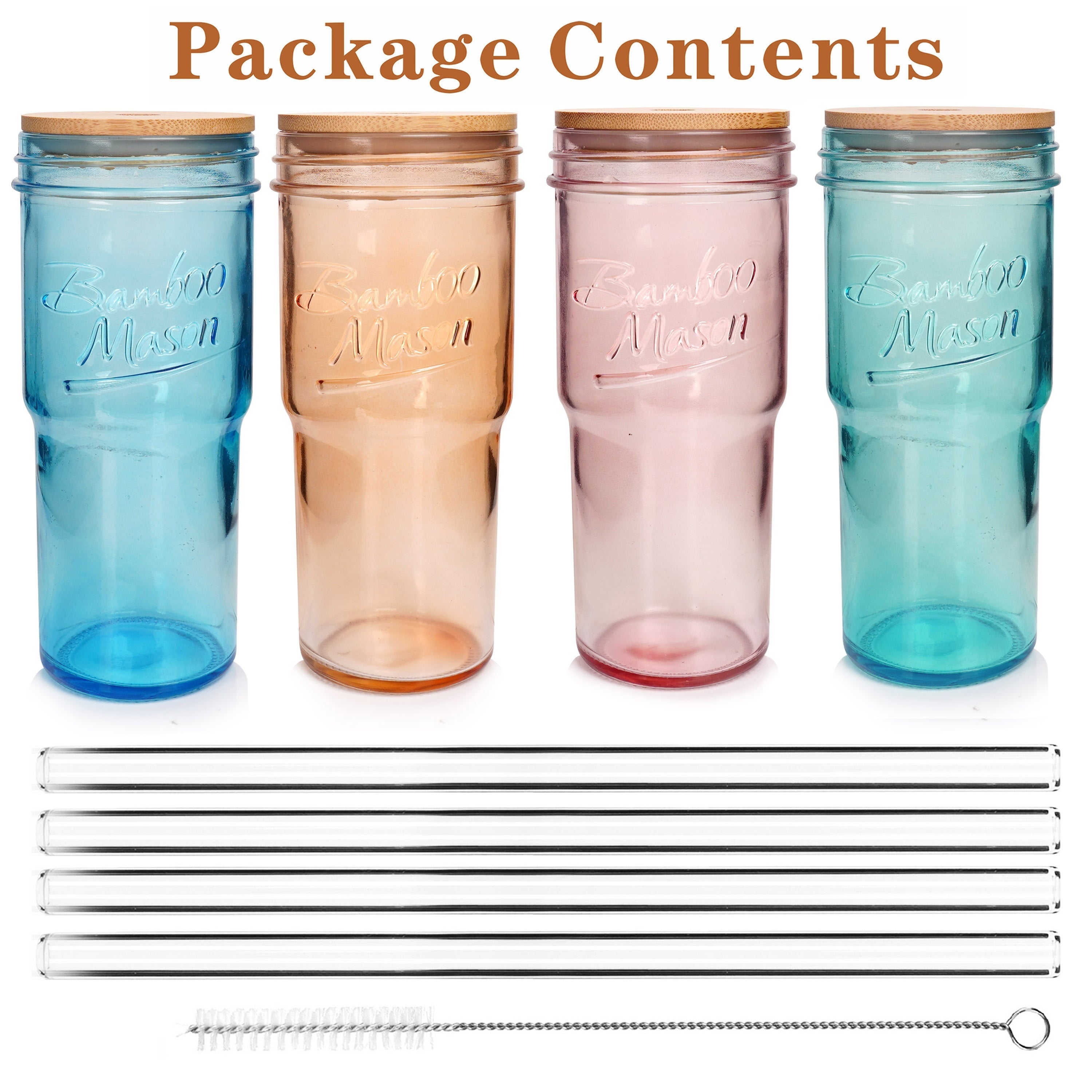 Summer Drinkware - Glass Cups With Lids And Straws 4 Packs, 24 Oz Travel Coffee Mug Wide Mouth Mason Jar Iced Coffee Cup Smoothie Cup Glass Tumbler Tea Cup Clear Water Cups Drinking Jars Glasses BBQ Party Pitcher With Lid