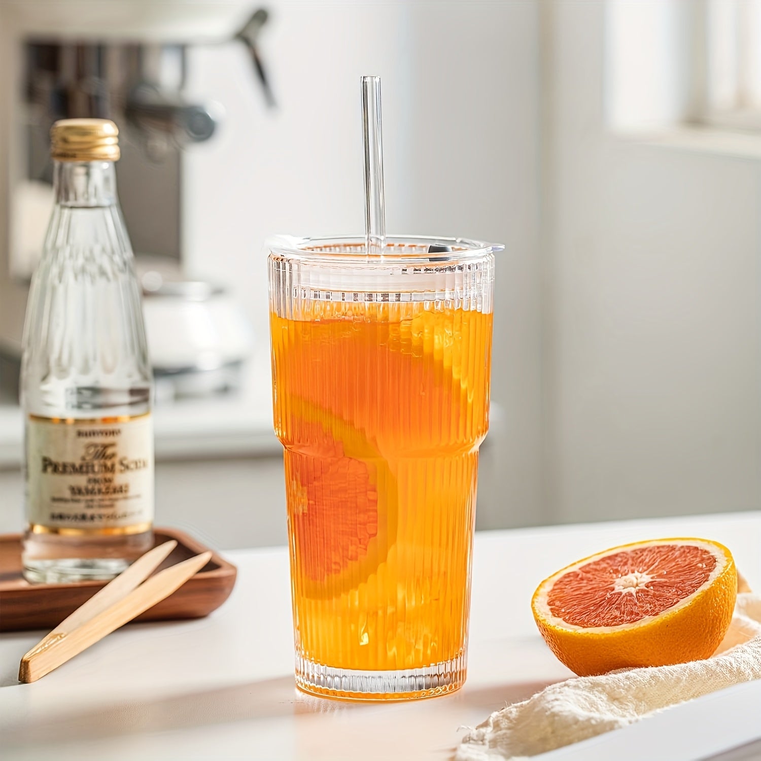 2pcs Glassware Set, 600ml/20oz Ribbed Glass Bucket With Lid And Glass Straw, Thick Glass, Perfect For Iced Coffee, Smoothies, Cocktails, And Juices - Elegant And Durable Beverage Vessel