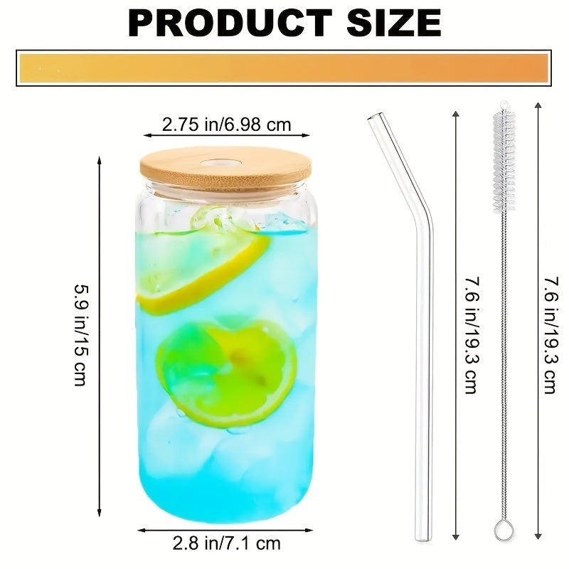 8-Pack Glass (With Bamboo Lid & Glass Straw Set) Gift Cleaning Brush - 16Oz Drinking Cup in Can, Iced Coffee Cup, Cute Anti-Tip Cup, Perfect for Travel, Exercise, Hydration, Christmas, Halloween, Dinner Sharing