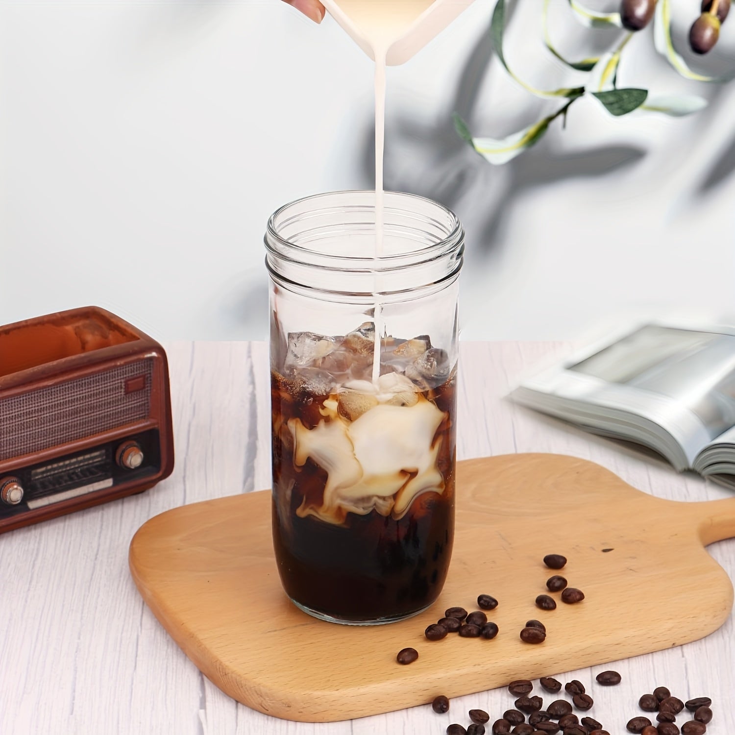 4pcs/8pcs Glass Mug Transparent Drinking Mug with Lid And Straw, with Straw Brush for Milkshake, Juice, Milk Tea, Household Glasses, Thermal Insulation And Cooling Drink Container