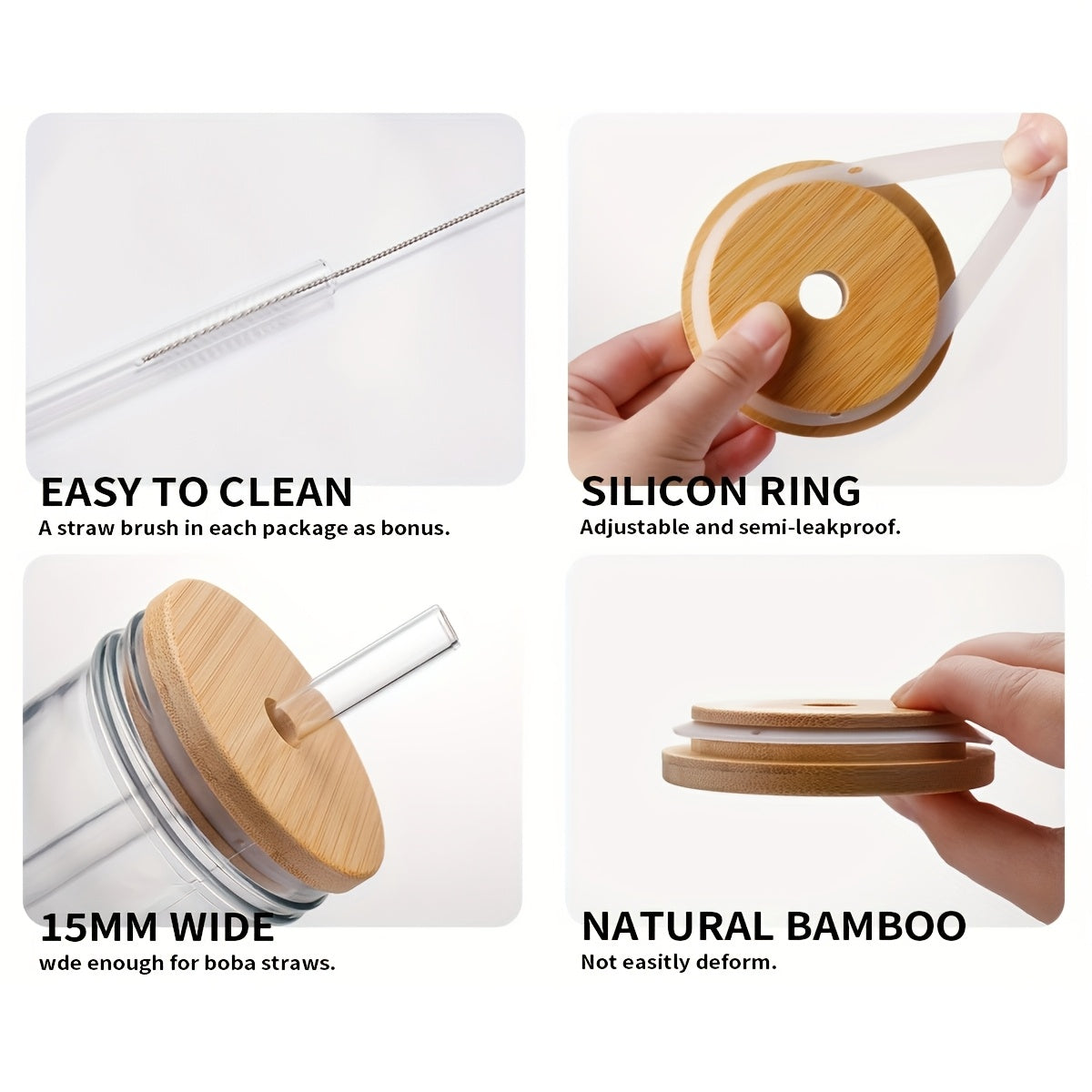 4pcs Glass Set - 24oz Mason Jar Drinking Glasses with Bamboo Lid, Straw And 2 Sealable Lids - Cute Reusable Water Bottle, Iced Coffee Mug, Travel Insulated Mug, Bubble Tea, Smoothie, Juice