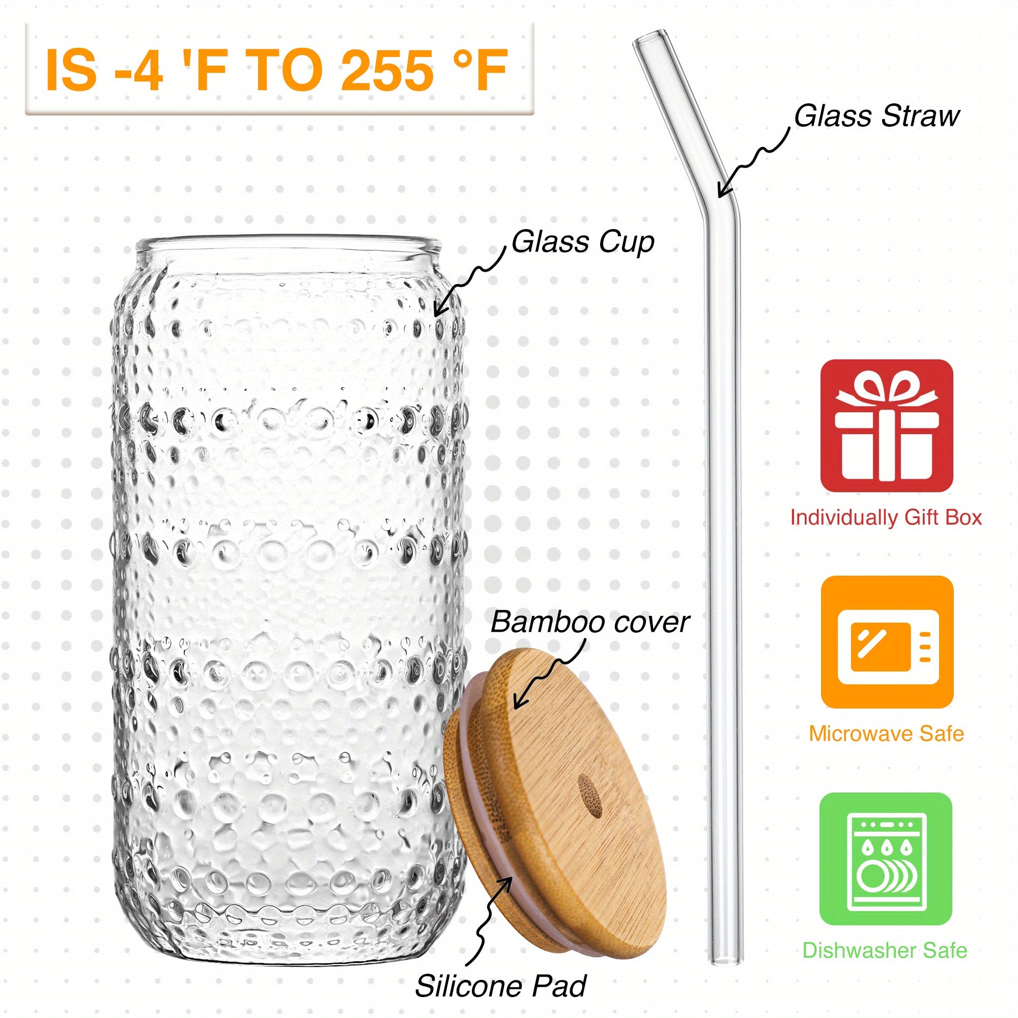 All Glass Iced Coffee Cup With Lids and Straws, 17 OZ Glass Tumbler for Water Smoothie Juice Drinks