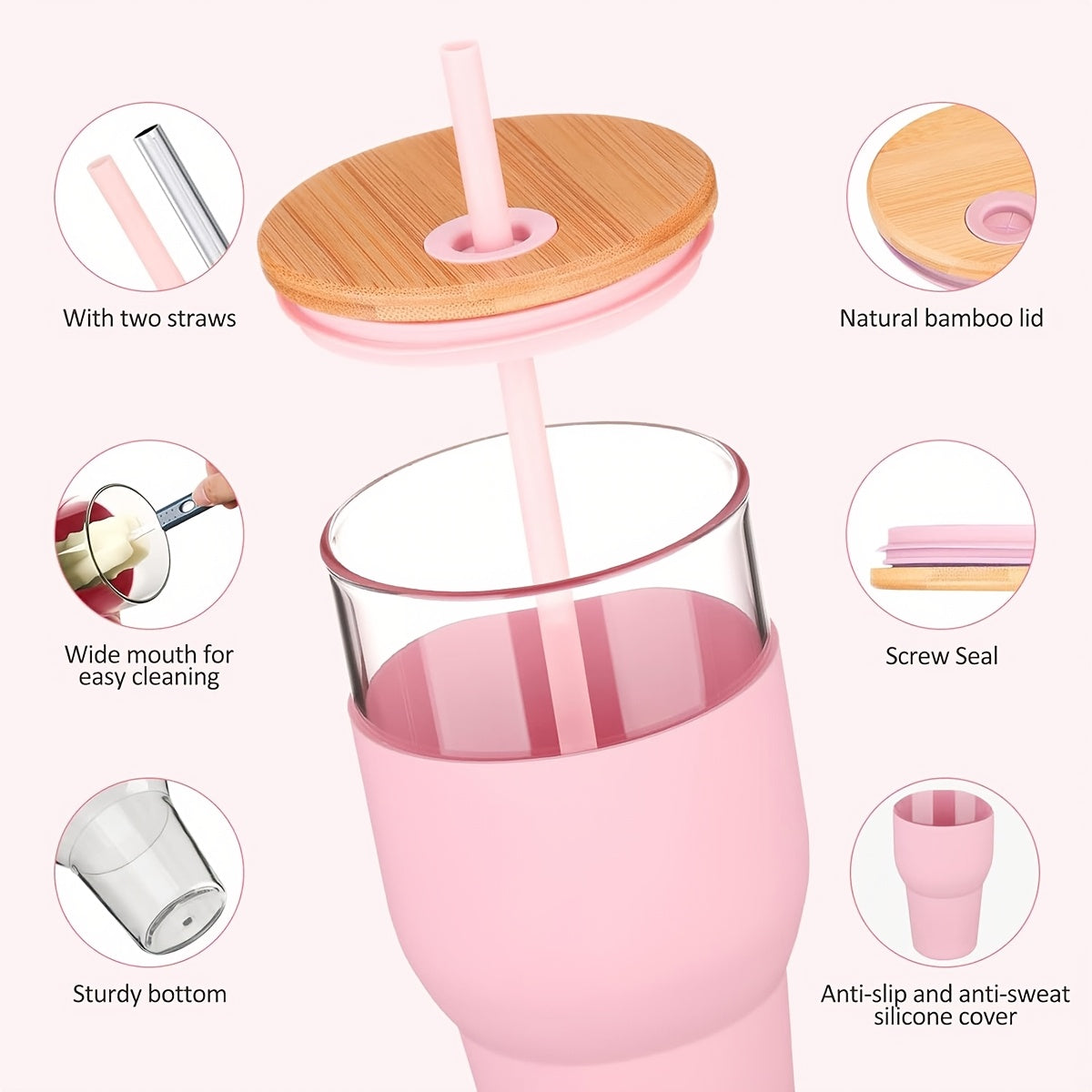 32oz Glass with Lid And Straw, Silicone Non-slip Sleeve, Keeps Heat In, Keeps Cold Out, Suitable for Iced Tea, Beverages, Juices, Coffee, Lead Free BPA Free,!