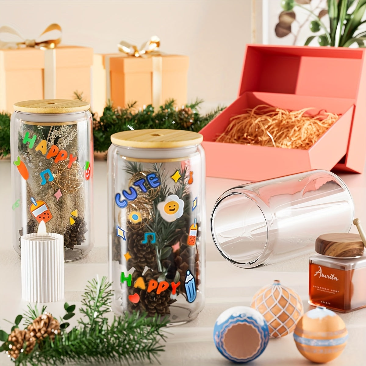 8pcs 16oz Glass Drinking Jars with Wood Lids & Glass Straws, Hand Wash Multipurpose Iced Coffee Cups - BPA-Free, Insulated, Reusable Round Beverages Set for Sodas & Parties