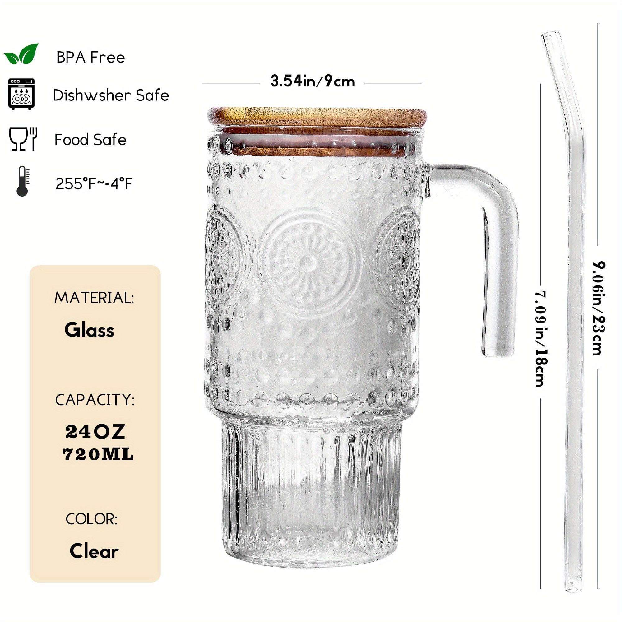 24Oz Glass with Lid And Straw, Cold And Hot Drink Cups, Milk Tea Cups, Juice Glasses, Milk Mocha Cups, Breakfast Cup Beverage Containers, Gifts for Family And Friends