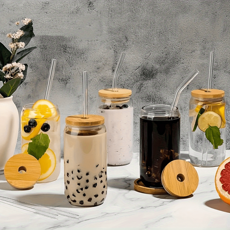 2pcs Glass Cups, 17.8oz/ 550ml Glass Cups With Lids And Straws, Mason Jar Drinking Glasses, Ice Coffee Cup, Glass Cups With Bamboo Lids, Cute Cups, Beer, Reusable Straws And Straw Cleaner For Restaurant/ Hotel