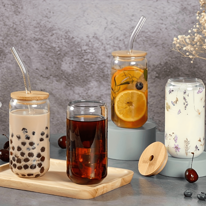 2pcs Glass Cups, 17.8oz/ 550ml Glass Cups With Lids And Straws, Mason Jar Drinking Glasses, Ice Coffee Cup, Glass Cups With Bamboo Lids, Cute Cups, Beer, Reusable Straws And Straw Cleaner For Restaurant/ Hotel