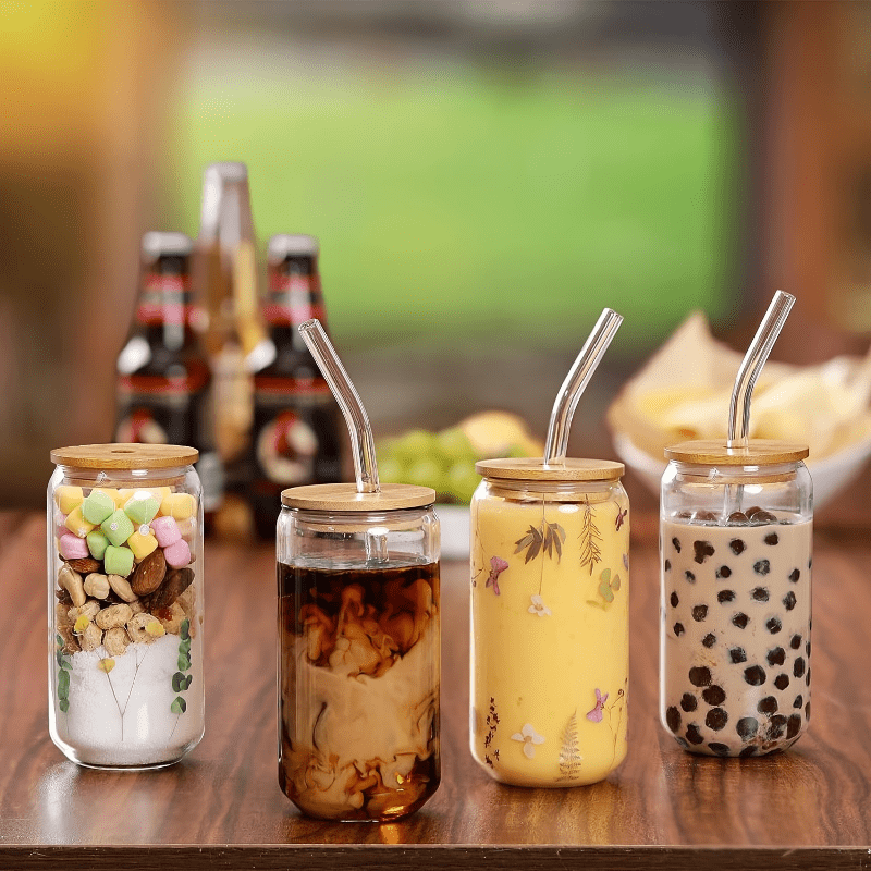 2pcs Glass Cups, 17.8oz/ 550ml Glass Cups With Lids And Straws, Mason Jar Drinking Glasses, Ice Coffee Cup, Glass Cups With Bamboo Lids, Cute Cups, Beer, Reusable Straws And Straw Cleaner For Restaurant/ Hotel