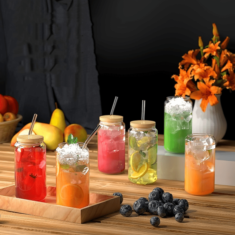 2pcs Glass Cups, 17.8oz/ 550ml Glass Cups With Lids And Straws, Mason Jar Drinking Glasses, Ice Coffee Cup, Glass Cups With Bamboo Lids, Cute Cups, Beer, Reusable Straws And Straw Cleaner For Restaurant/ Hotel