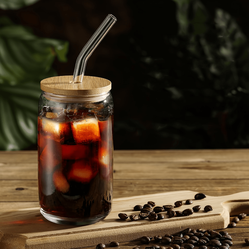 2pcs Glass Cups, 17.8oz/ 550ml Glass Cups With Lids And Straws, Mason Jar Drinking Glasses, Ice Coffee Cup, Glass Cups With Bamboo Lids, Cute Cups, Beer, Reusable Straws And Straw Cleaner For Restaurant/ Hotel