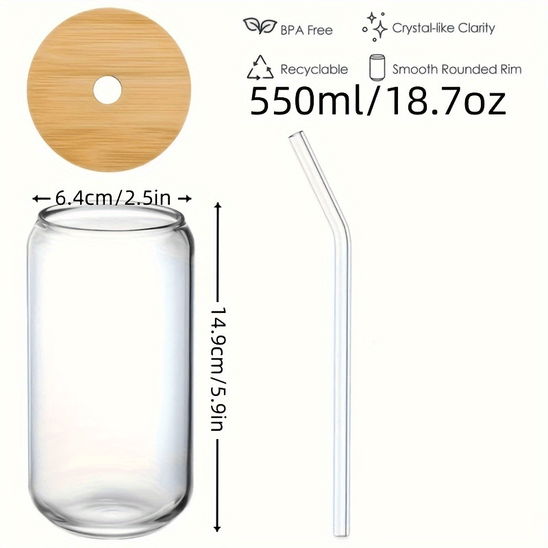 2pcs Glass Cups, 17.8oz/ 550ml Glass Cups With Lids And Straws, Mason Jar Drinking Glasses, Ice Coffee Cup, Glass Cups With Bamboo Lids, Cute Cups, Beer, Reusable Straws And Straw Cleaner For Restaurant/ Hotel