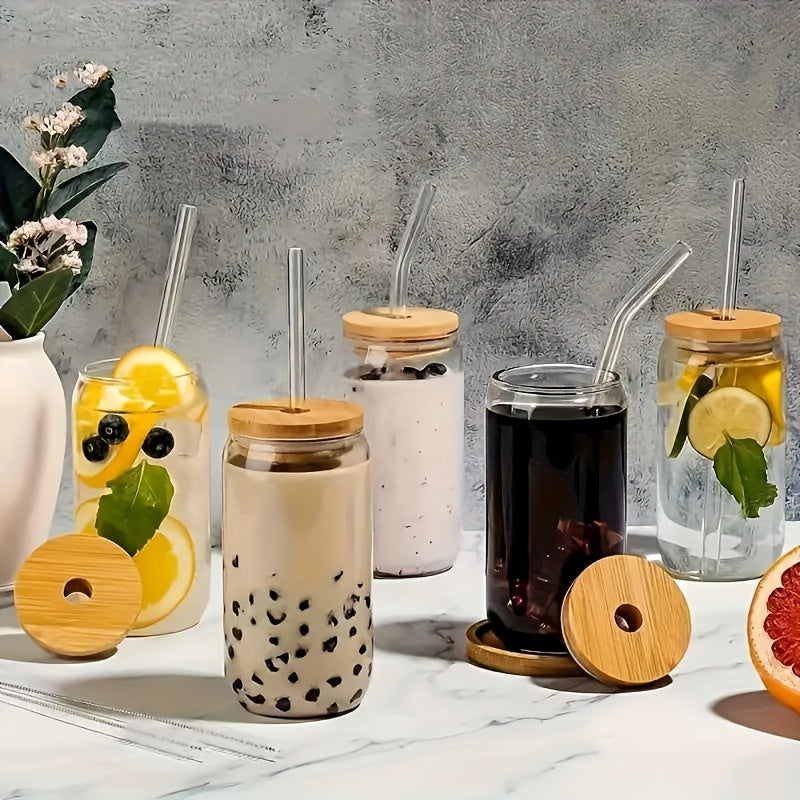 8-Pack Glass (With Bamboo Lid & Glass Straw Set) Gift Cleaning Brush - 16Oz Drinking Cup in Can, Iced Coffee Cup, Cute Anti-Tip Cup, Perfect for Travel, Exercise, Hydration, Christmas, Halloween, Dinner Sharing