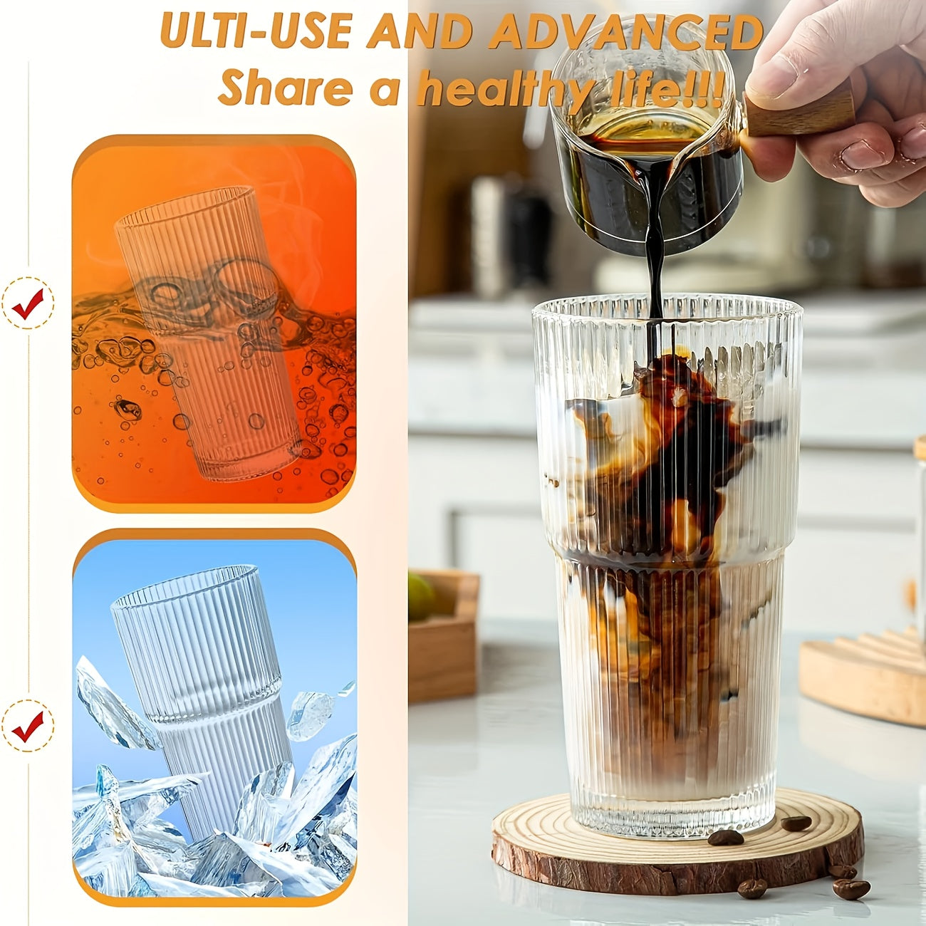 1/2 Ins Large Capacity Reusable Glass Cup with Leak-Proof Lid & Straw - Vertical Striped Design, Oval Shape for Hot & Cold Beverages - Modern Drinkware for Coffee, Tea, Juice - Perfect for Home, Office, Travel, Holiday Gifts, Office Drinkware, Stylish