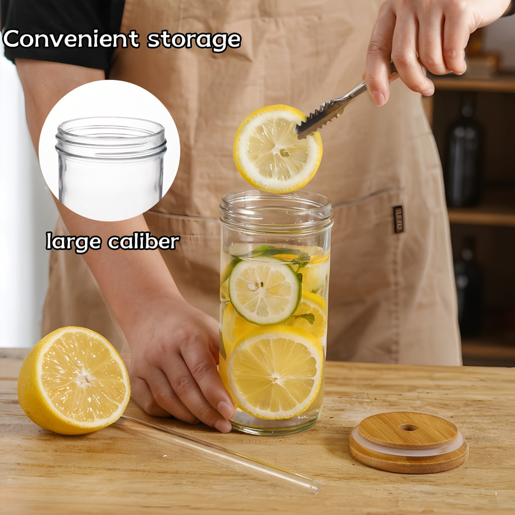 Glasses Set - 18pcs/set (4 Cups + 4 Wooden Lids + 4 Plastic Lids + 4 Straws + 2 Straw Brushes), 24 Oz Smoothie Glasses - Boba Mason Jar, Wide Mouth Milk Tea Cups, Drinking Cups, Iced Coffee Glasses.