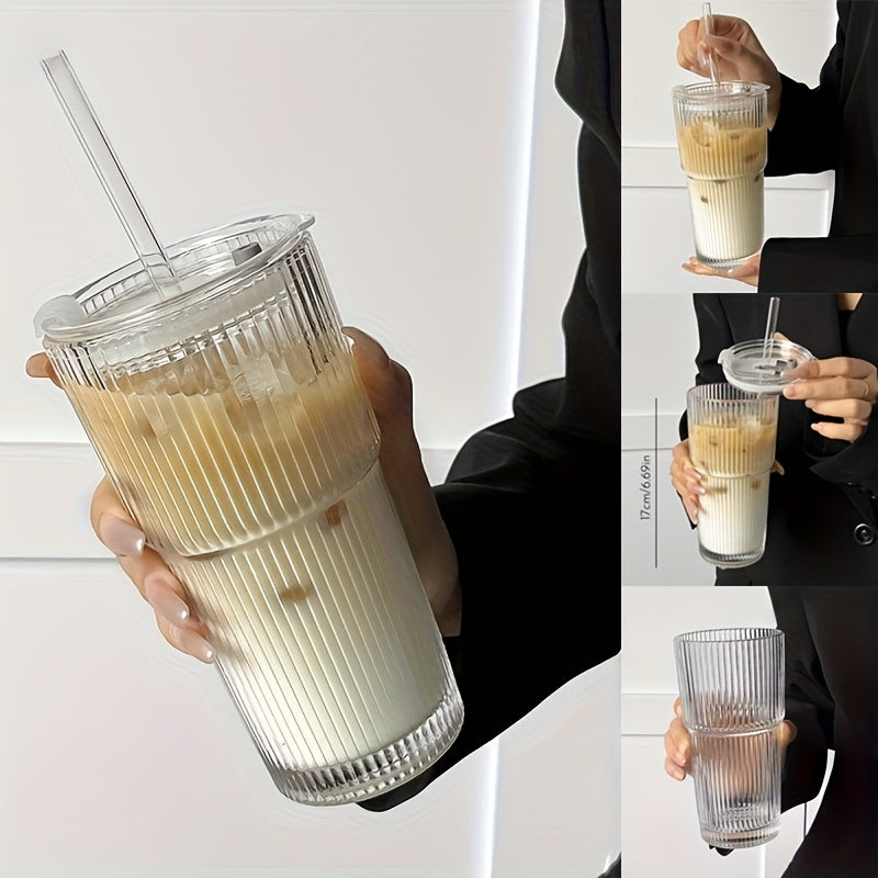600ml Striped Glass Cup with Lid & Straw - Large Capacity for Coffee, Tea, Iced Milk, Americano, and Latte - Durable & Stylish Beverage Glass, Coffee Cup, Americano Drinkware, Elegant Drinkware, Natural Drinkware