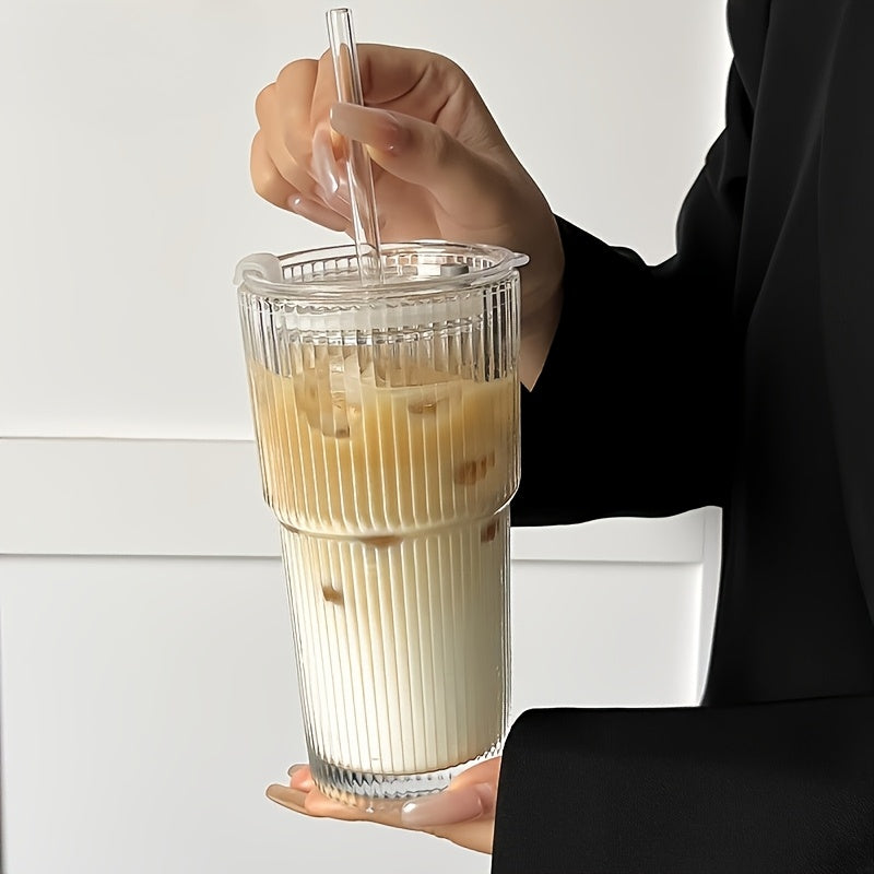 600ml Striped Glass Cup with Lid & Straw - Large Capacity for Coffee, Tea, Iced Milk, Americano, and Latte - Durable & Stylish Beverage Glass, Coffee Cup, Americano Drinkware, Elegant Drinkware, Natural Drinkware