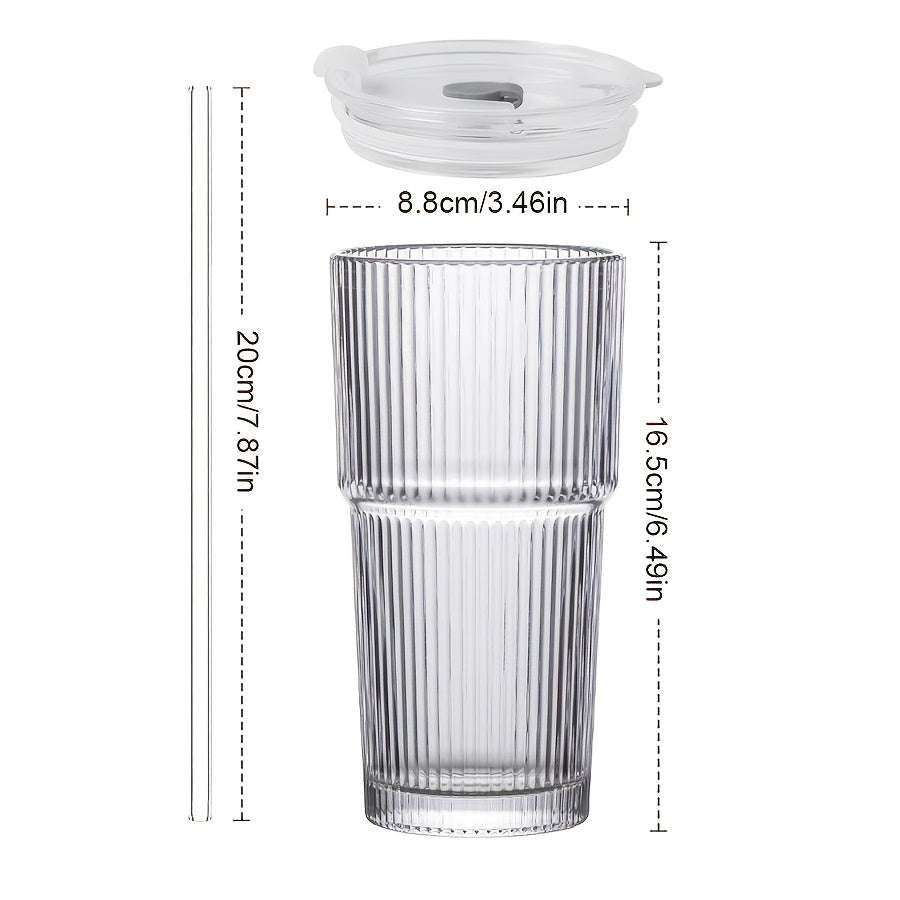 1/2 Ins Large Capacity Reusable Glass Cup with Leak-Proof Lid & Straw - Vertical Striped Design, Oval Shape for Hot & Cold Beverages - Modern Drinkware for Coffee, Tea, Juice - Perfect for Home, Office, Travel, Holiday Gifts, Office Drinkware, Stylish