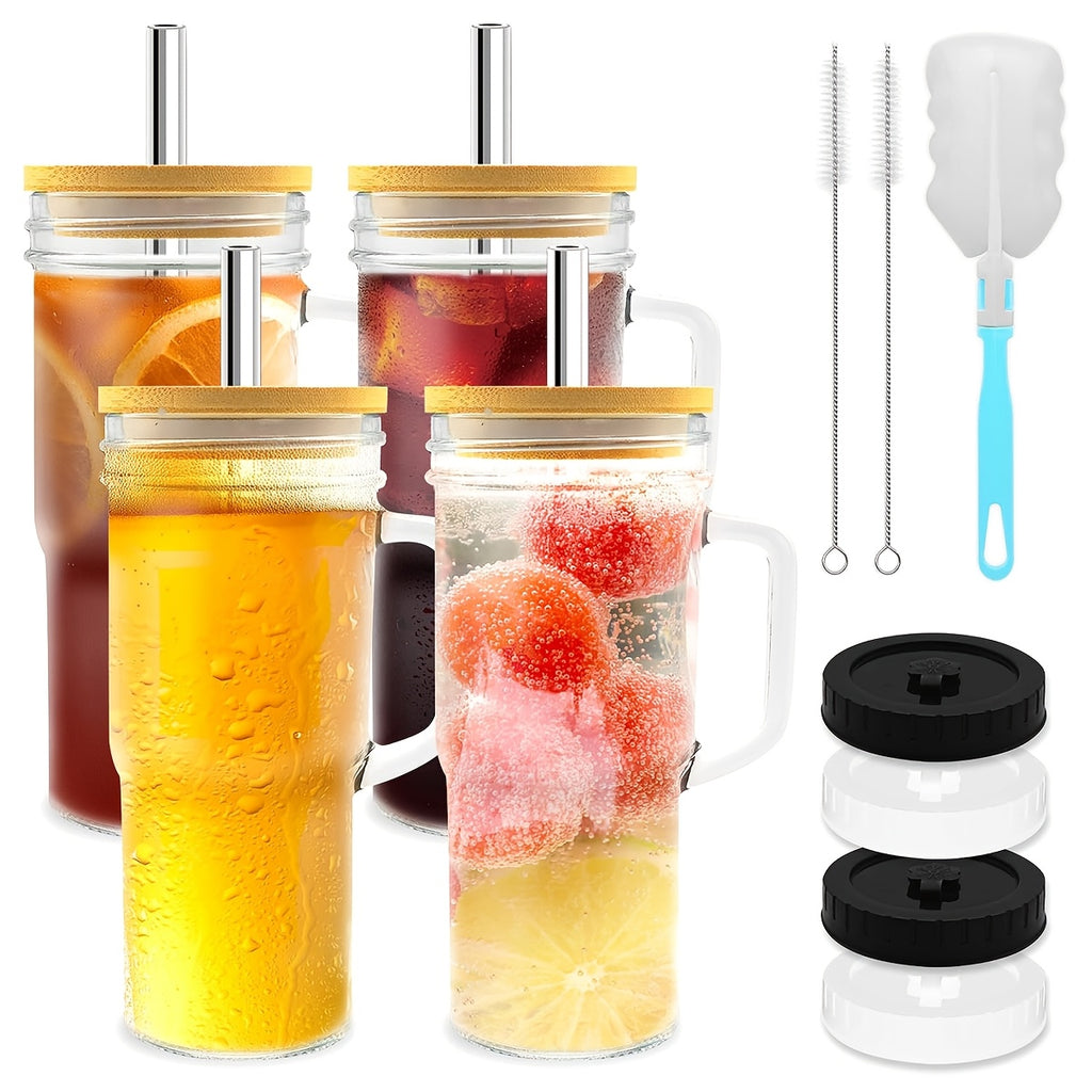 4/2pcs Glasses with Lids And Straws 24 Oz/700 Ml Mason Jar Beverage Mugs with Handles Straw Brush Cup Brush for Iced Tea Or Coffee, Christmas, Halloween, Gift Mugs