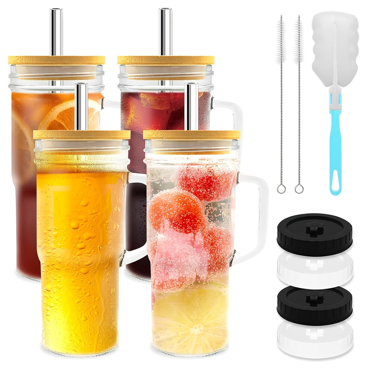 4/2pcs Glasses with Lids And Straws 24 Oz/700 Ml Mason Jar Beverage Mugs with Handles Straw Brush Cup Brush for Iced Tea Or Coffee, Christmas, Halloween, Gift Mugs