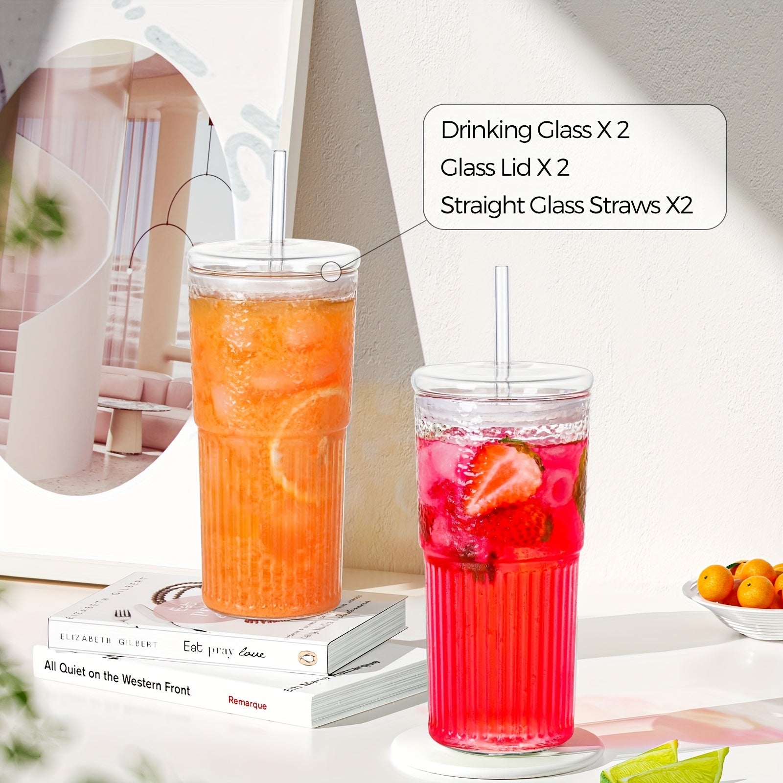 2pcs 20oz Glass Tumbler Set with Lids And Glass Straws Reusable Iced Coffee Cups Juice And Milk Bottles Perfect Family Gift