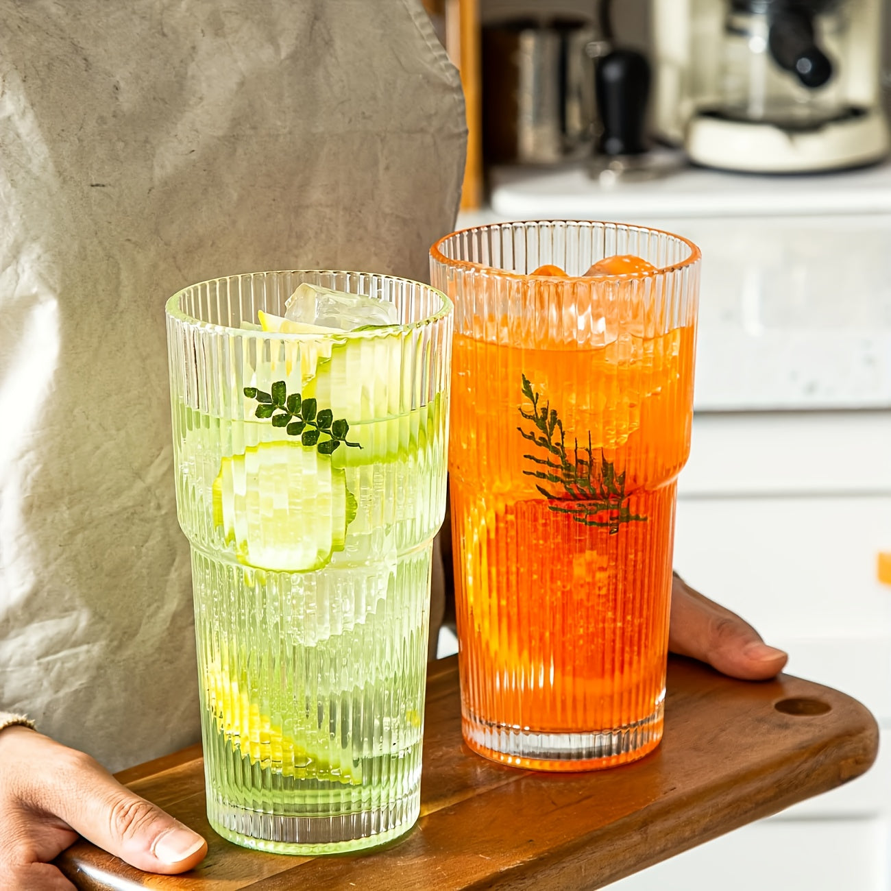 1/2 Ins Large Capacity Reusable Glass Cup with Leak-Proof Lid & Straw - Vertical Striped Design, Oval Shape for Hot & Cold Beverages - Modern Drinkware for Coffee, Tea, Juice - Perfect for Home, Office, Travel, Holiday Gifts, Office Drinkware, Stylish