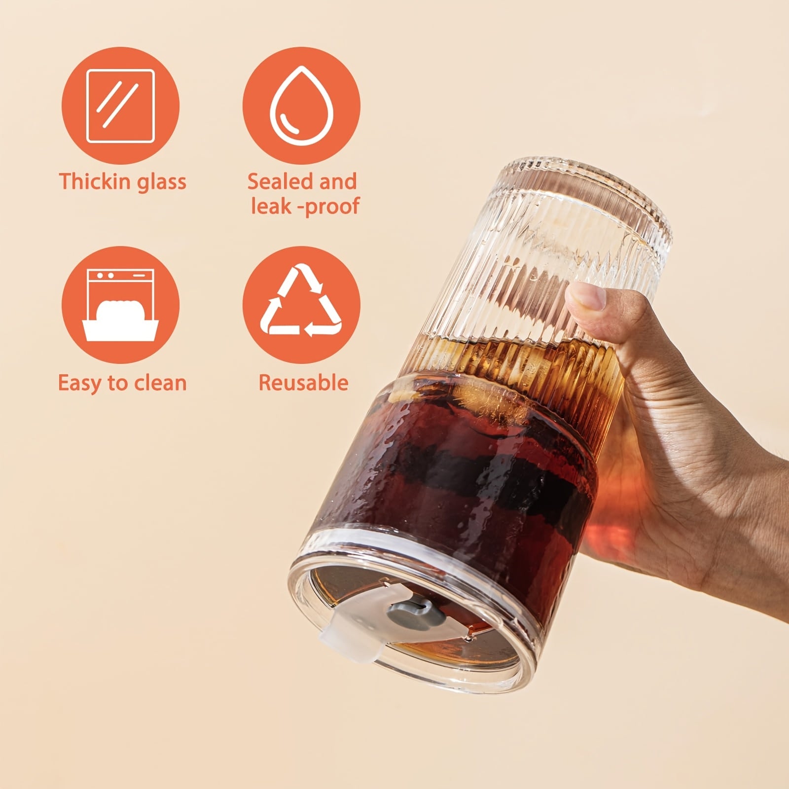 Glasses with Lid And Straw, 4/2pcs - Stylish Ribbed Design Drinking Cups for Iced Coffee Cups, Juices, Smoothies, Cold Drinks, Cleaning Brushes Included, Durable Glassware