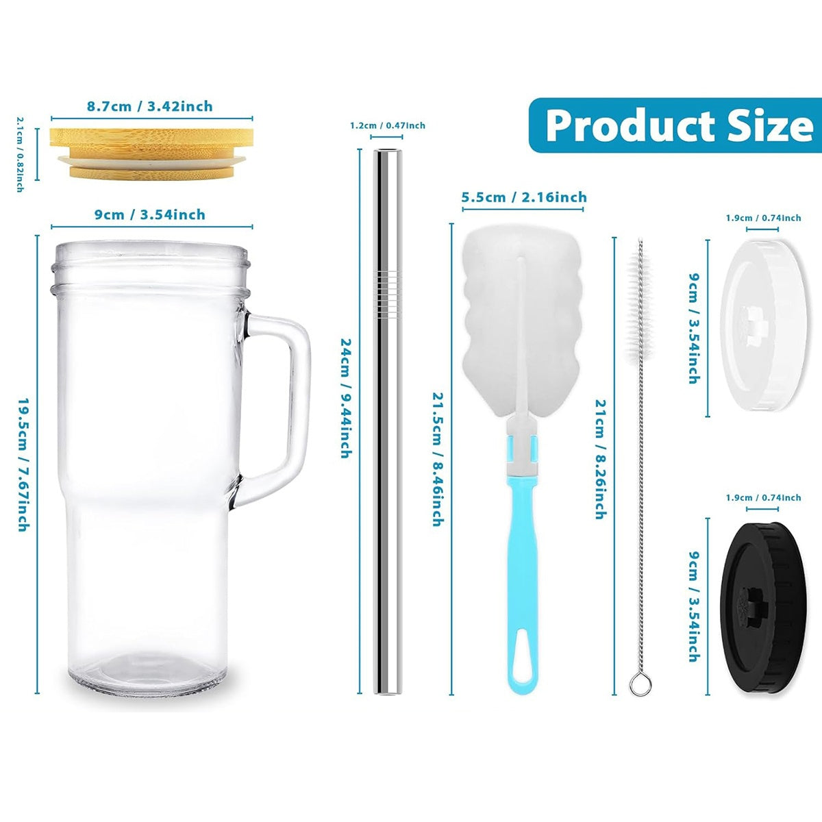 24oz Glass with Lid And Straw - Insulated Glass with Bamboo Lid And Straw, Pack Of 4