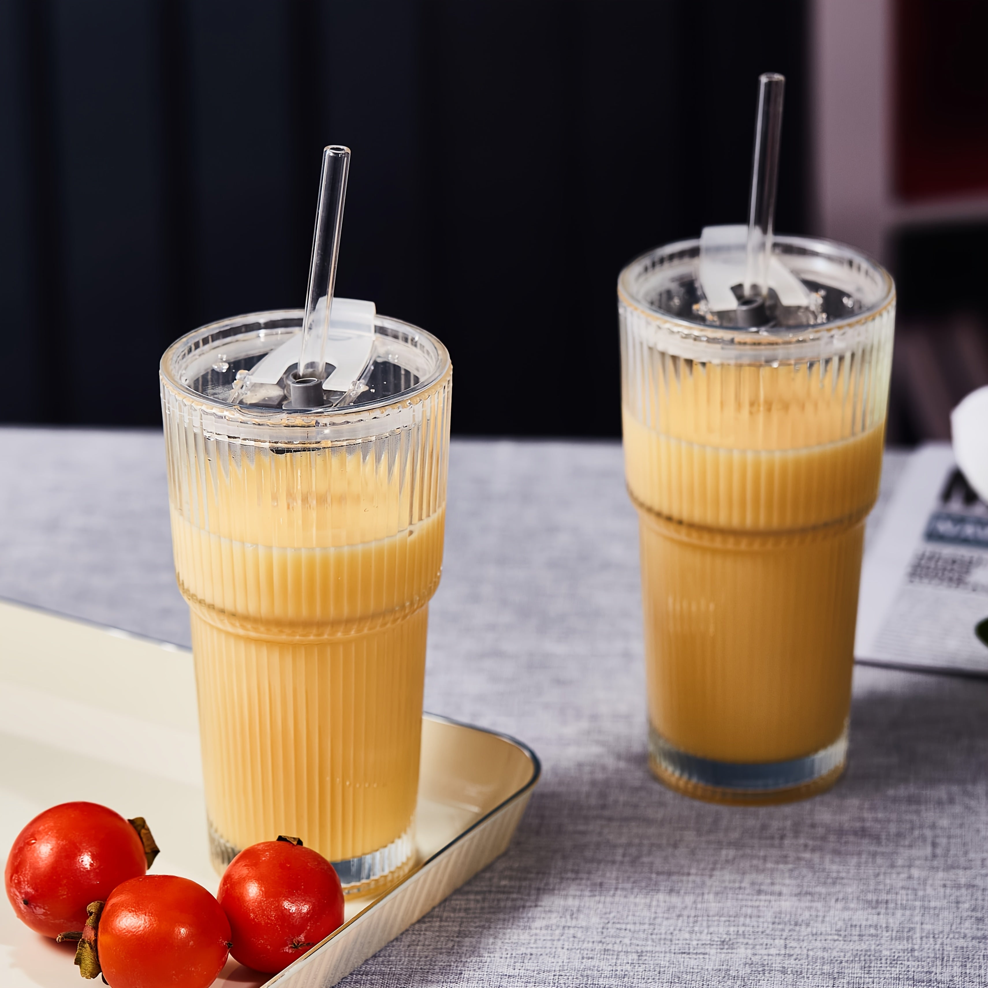 2pcs, 600ml/20oz Large Striped Glass with Lid - Reusable, Suitable for Cold Drinks, Juice, And Coffee - Ideal for Home, Office, And Holiday Gatherings, Perfect for Mother's Day And Easter Gifts.