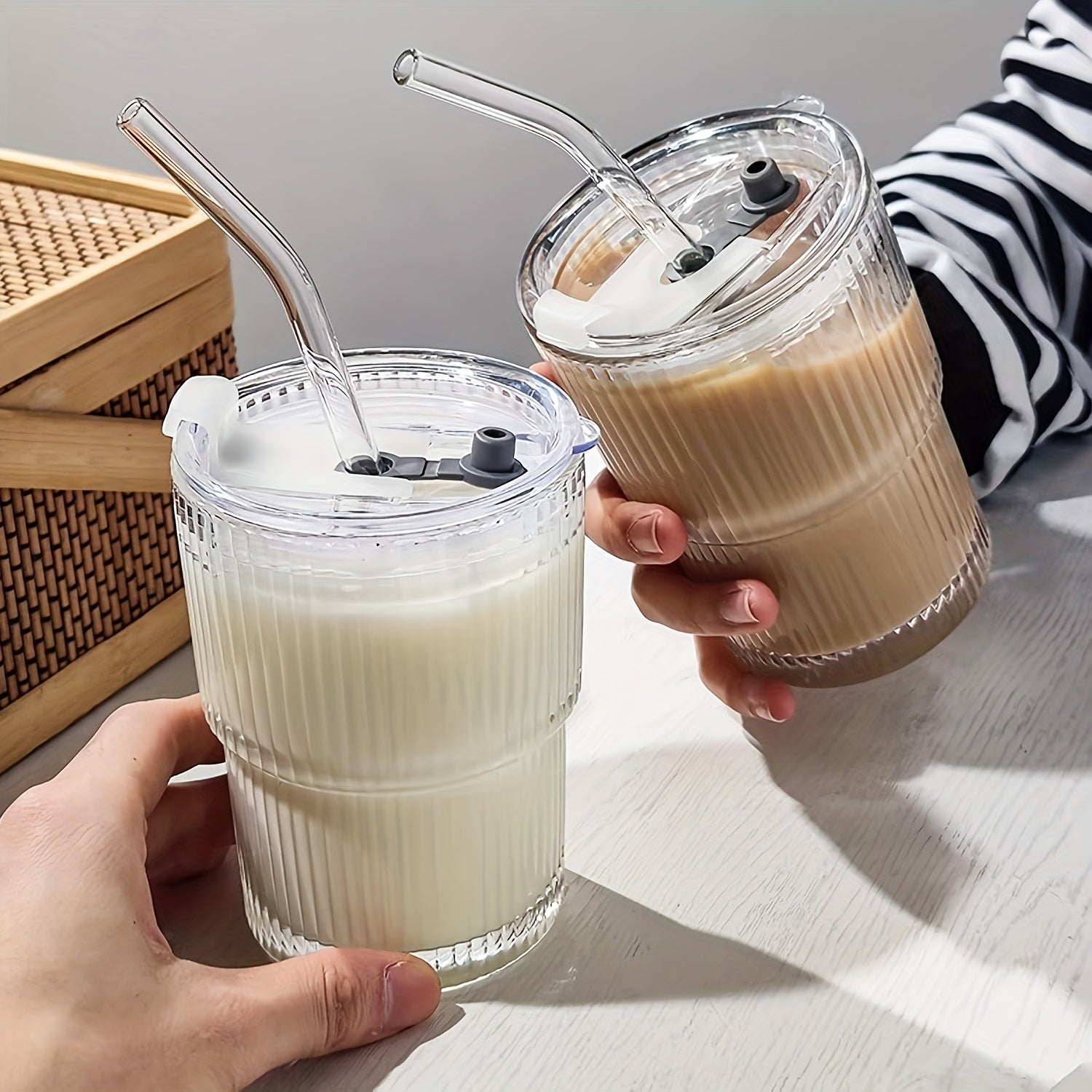 2/4pcs Premium Glass Coffee Cups with Straws and Lids, 360ml/12.17oz - Durable Drinking Glasses, Perfect for Coffee, Tea, Milk, Ideal for Home & Office Use, Holiday Gifts, Couples Gift