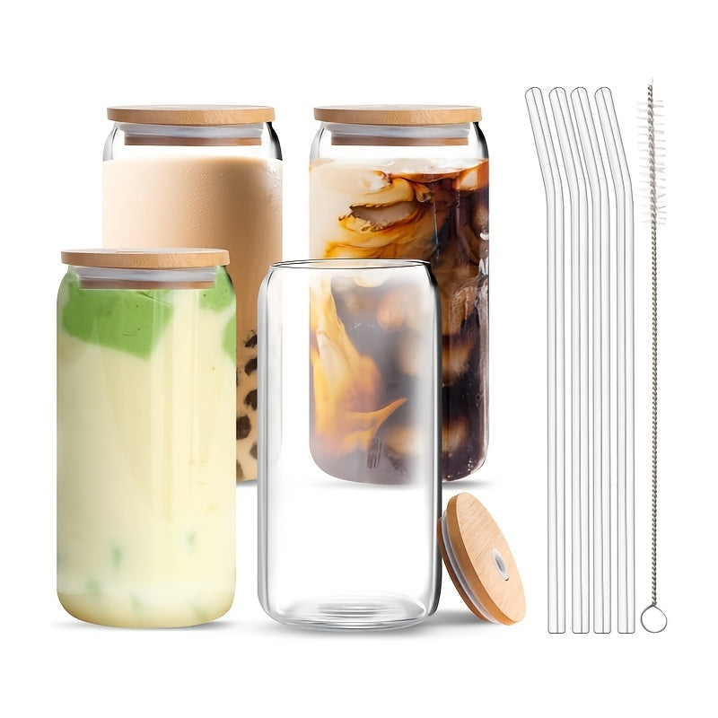 4pcs, 18.6oz/550ml, Including Bamboo Lid, Straw, Straw Brush Glass Set, with A Smooth And Pleasing Contour Design Similar to Traditional Aluminum Cans. It Is Definitely An Ideal Container for Iced Coffee, Milk Tea, Soda Water, Juice
