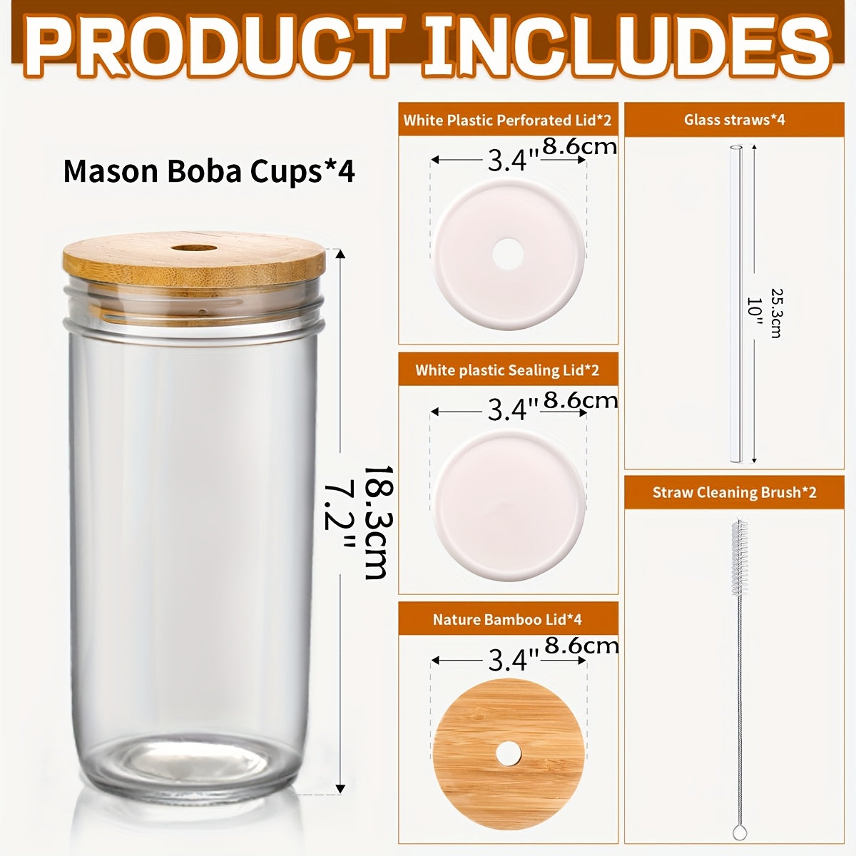 4pcs Glass Set - 24oz Mason Jar Drinking Glasses with Bamboo Lid, Straw And 2 Sealable Lids - Cute Reusable Water Bottle, Iced Coffee Mug, Travel Insulated Mug, Bubble Tea, Smoothie, Juice