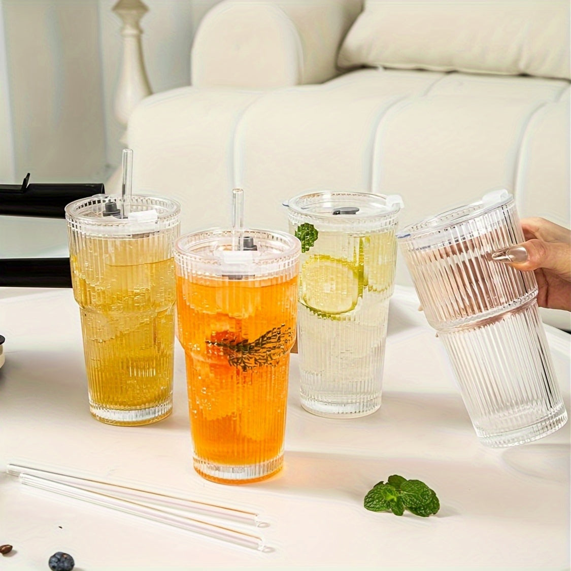 2pcs, 600ml/20oz High-value Glass Cups With Lids And 2 Straws, Thick Glass, Portable Drinking Cups - Coffee Cups, Beverage Cups, Smoothie Cups, Coffee Cups, Party Cups, Exquisite Gifts - Mother'S Day Gifts, Birthday Gifts