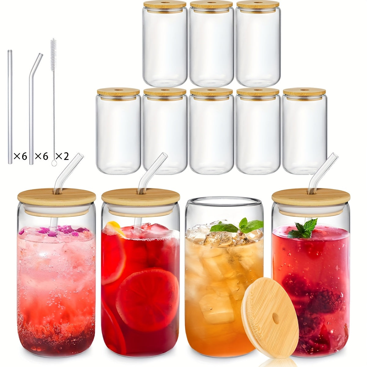12/16pcs Glass Cup, 16oz with Bamboo Lid and Glass Straw Drinking Water Cup, Suitable for Ice Cups American Style, Juice, Milk - Comes with 2 Straws Cleaning Brushes