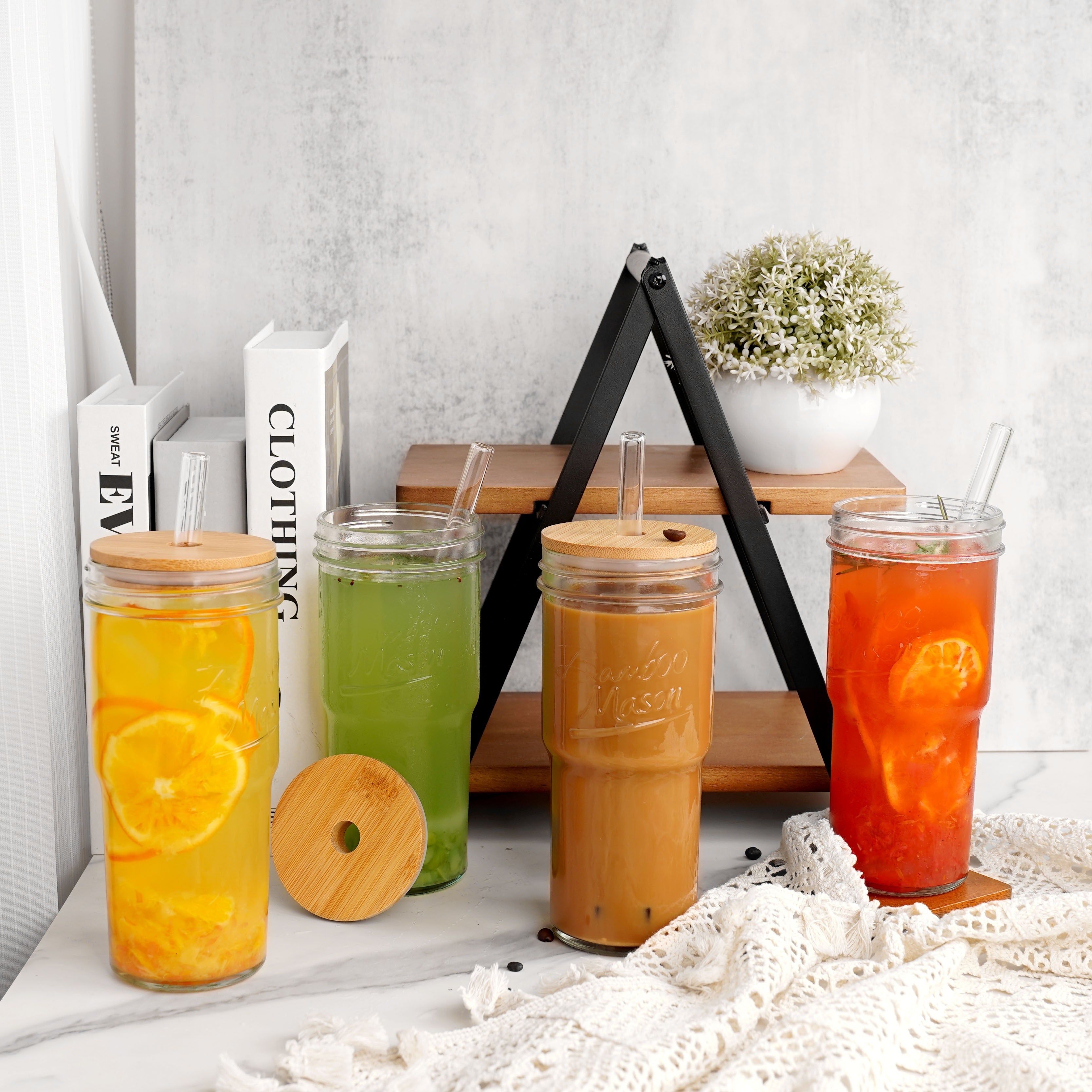 Summer Drinkware - Glass Cups With Lids And Straws 4 Packs, 24 Oz Travel Coffee Mug Wide Mouth Mason Jar Iced Coffee Cup Smoothie Cup Glass Tumbler Tea Cup Clear Water Cups Drinking Jars Glasses BBQ Party Pitcher With Lid