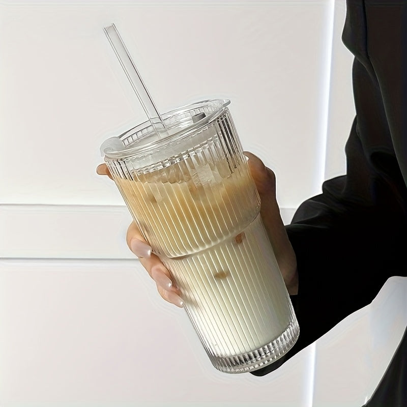 600ml Striped Glass Cup with Lid & Straw - Large Capacity for Coffee, Tea, Iced Milk, Americano, and Latte - Durable & Stylish Beverage Glass, Coffee Cup, Americano Drinkware, Elegant Drinkware, Natural Drinkware