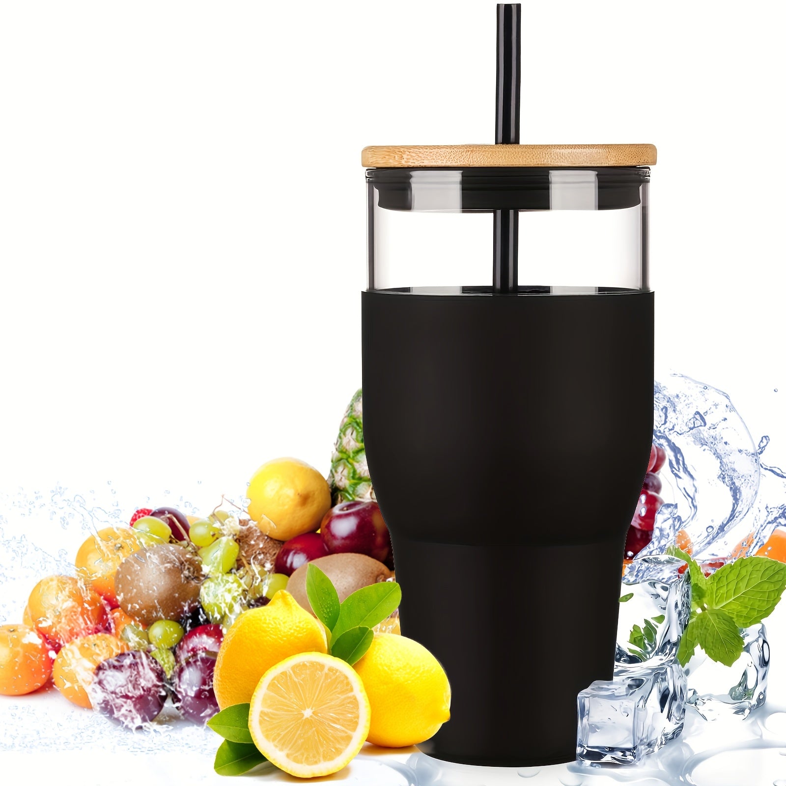 32oz Glass with Lid And Straw, Silicone Non-slip Sleeve, Keeps Heat In, Keeps Cold Out, Suitable for Iced Tea, Beverages, Juices, Coffee, Lead Free BPA Free,!