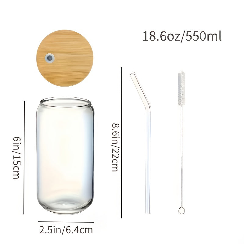 4pcs, 18.6oz/550ml, Including Bamboo Lid, Straw, Straw Brush Glass Set, with A Smooth And Pleasing Contour Design Similar to Traditional Aluminum Cans. It Is Definitely An Ideal Container for Iced Coffee, Milk Tea, Soda Water, Juice