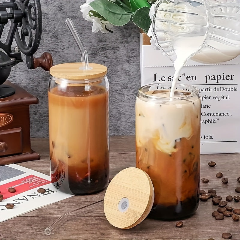 8-Pack Glass (With Bamboo Lid & Glass Straw Set) Gift Cleaning Brush - 16Oz Drinking Cup in Can, Iced Coffee Cup, Cute Anti-Tip Cup, Perfect for Travel, Exercise, Hydration, Christmas, Halloween, Dinner Sharing