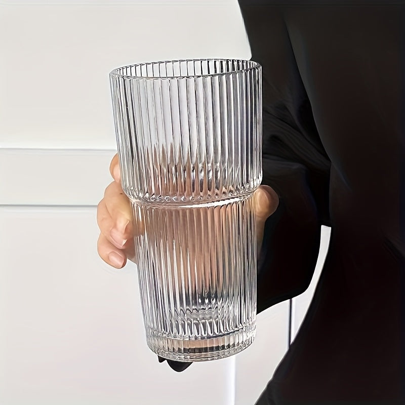 600ml Striped Glass Cup with Lid & Straw - Large Capacity for Coffee, Tea, Iced Milk, Americano, and Latte - Durable & Stylish Beverage Glass, Coffee Cup, Americano Drinkware, Elegant Drinkware, Natural Drinkware