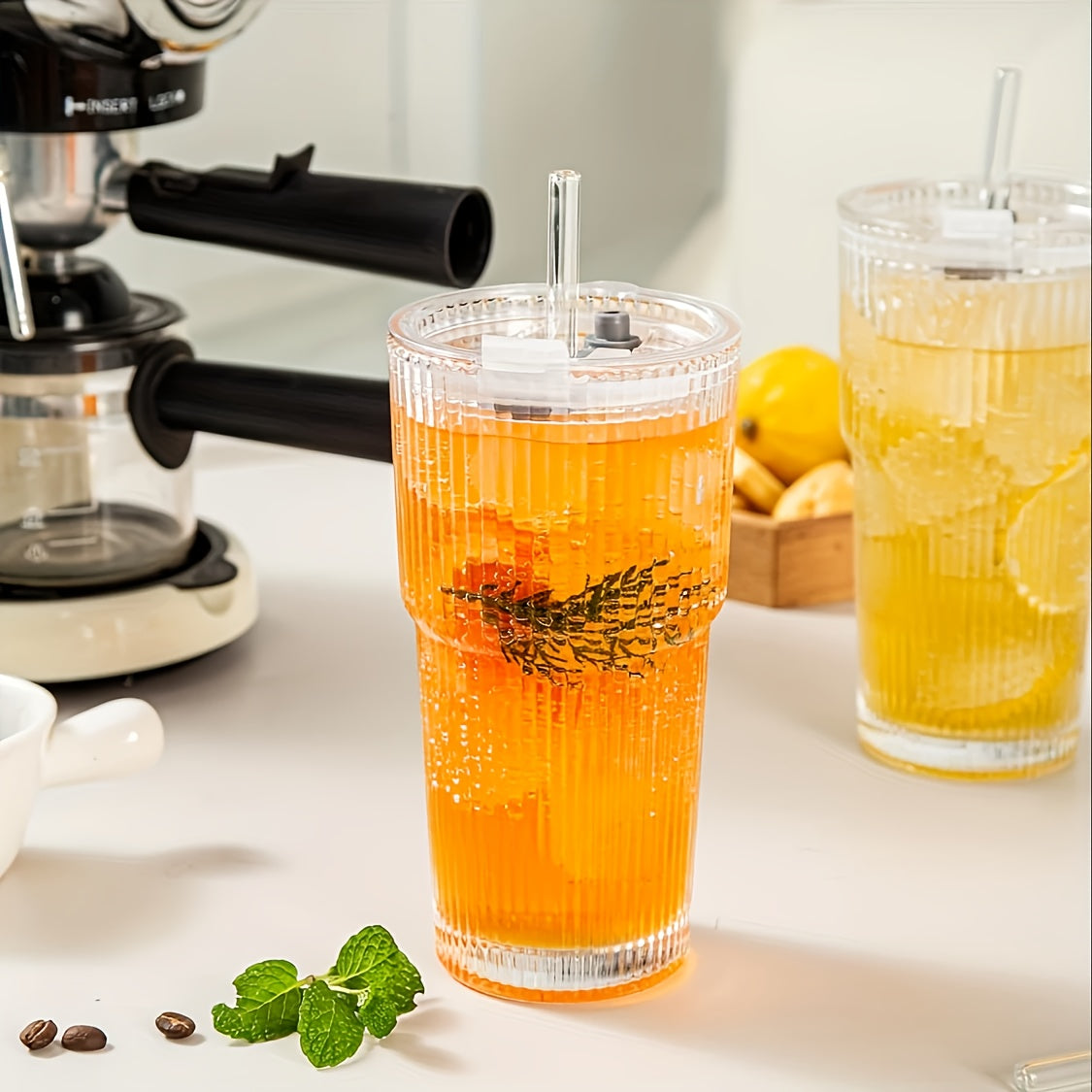 1/2 Ins Large Capacity Reusable Glass Cup with Leak-Proof Lid & Straw - Vertical Striped Design, Oval Shape for Hot & Cold Beverages - Modern Drinkware for Coffee, Tea, Juice - Perfect for Home, Office, Travel, Holiday Gifts, Office Drinkware, Stylish